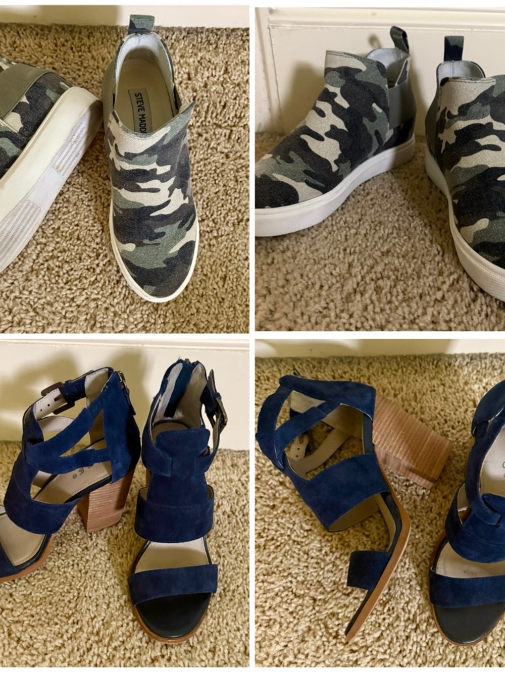 Steve Madden Olive Camo Slip-On Sneakers and Hinge Navy Suede Block Heel Sandals